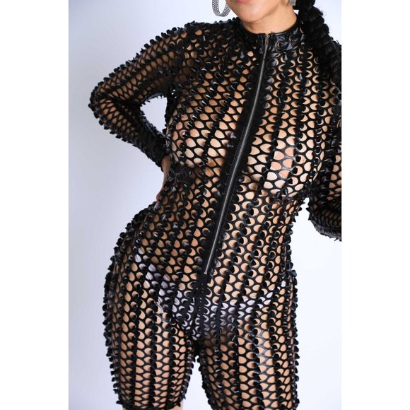 Boutique Pants - Sexy Club Outfits for Women One Piece Romper Long Sleeve Cutting Mesh Romper